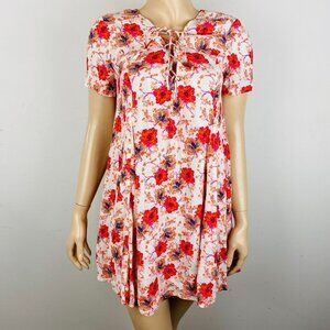 Astr The Label Pink Orange Floral A-Line Women's Size S Lace Up Neckline Dress